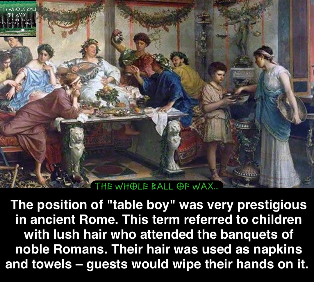 Double tap to edit The position of "table boy" was very prestigious in ancient Rome. This term referred to children with lush hair who attended the banquets of noble Romans. Their hair was used as napkins and towels – guests would wipe their hands on it.