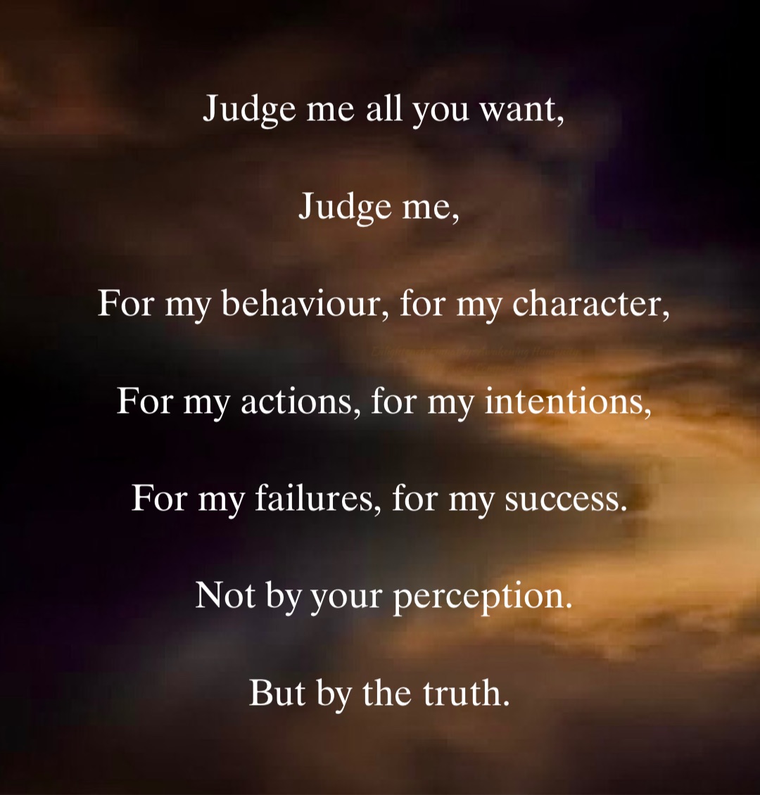 Judge me all you want, 

Judge me,

For my behaviour, for my character, 

For my actions, for my intentions, 

For my failures, for my success.

Not by your perception. 

But by the truth.