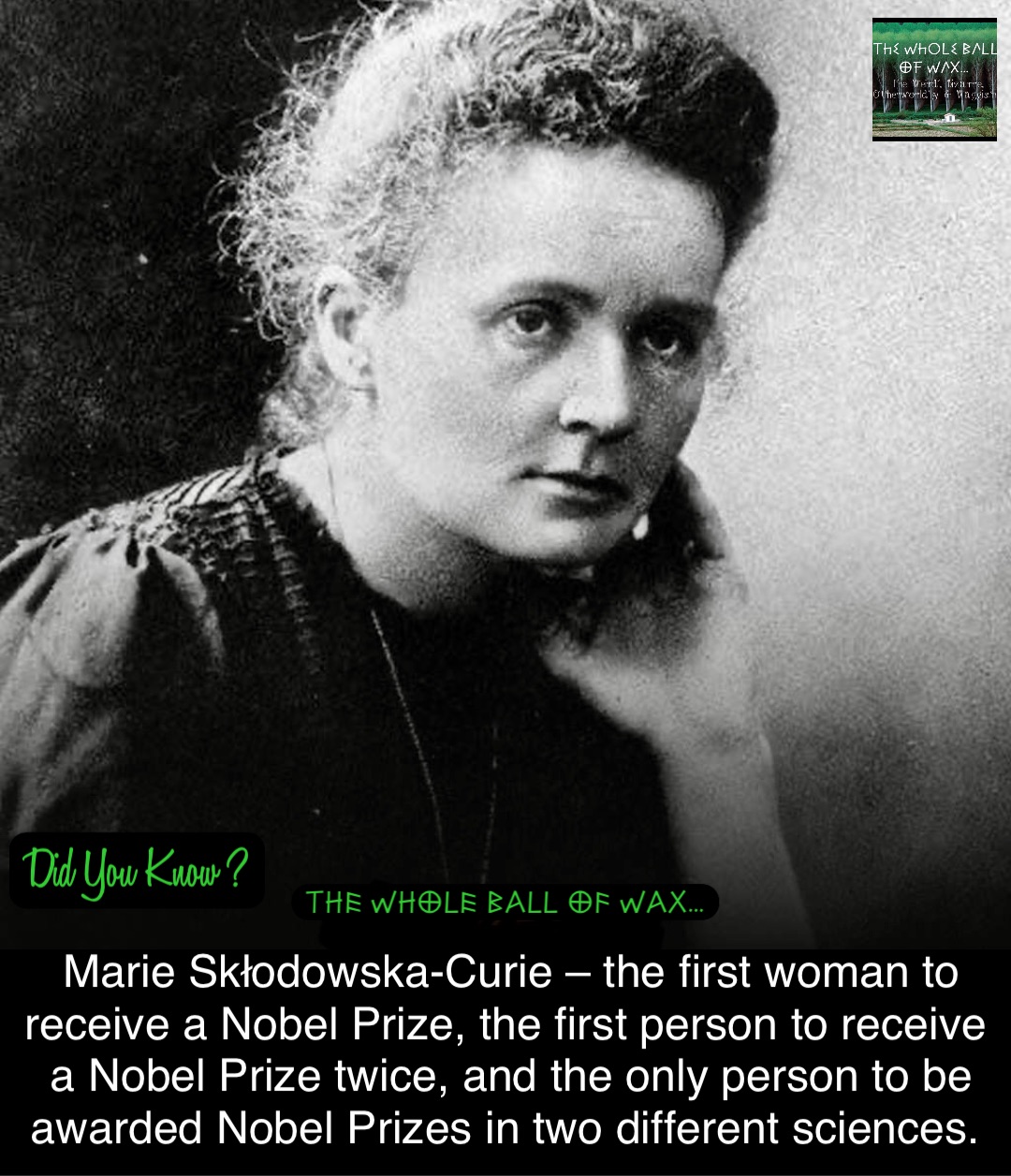 Double tap to edit Double tap to edit Marie Skłodowska-Curie – the first woman to receive a Nobel Prize, the first person to receive a Nobel Prize twice, and the only person to be awarded Nobel Prizes in two different sciences.