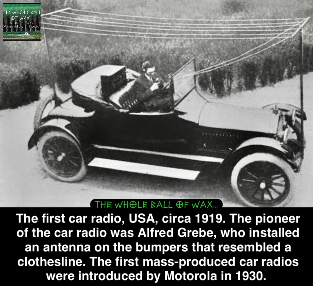 Double tap to edit The first car radio, USA, circa 1919. The pioneer of the car radio was Alfred Grebe, who installed an antenna on the bumpers that resembled a clothesline. The first mass-produced car radios were introduced by Motorola in 1930.