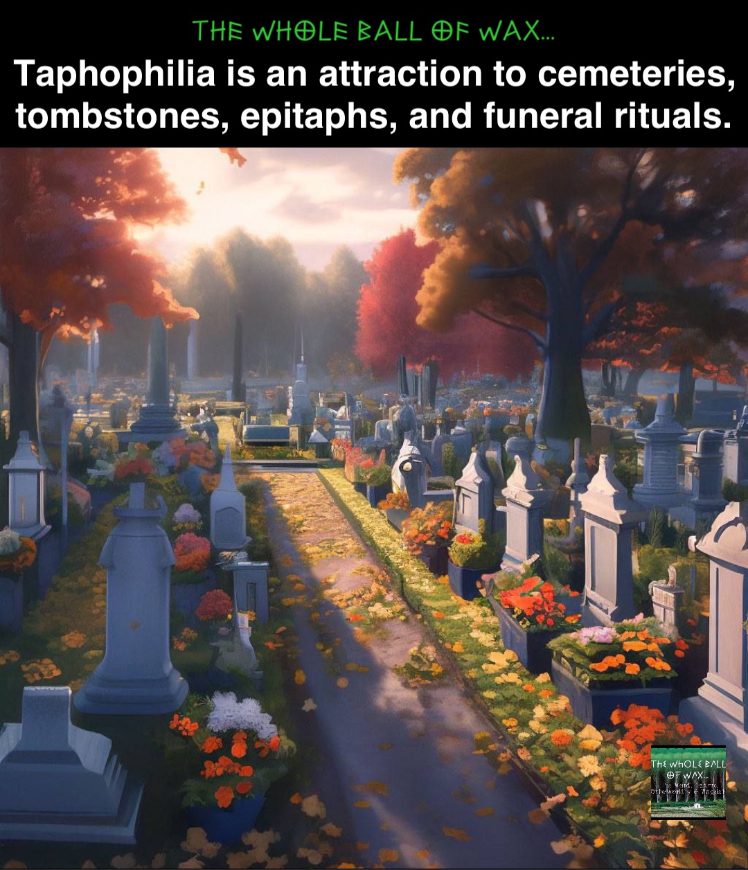 Double tap to edit Double tap to edit Taphophilia is an attraction to cemeteries, tombstones, epitaphs, and funeral rituals.