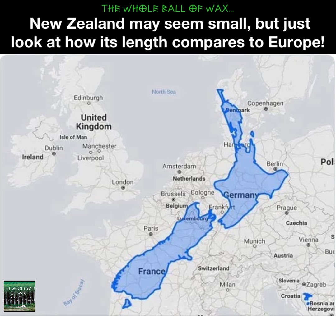 New Zealand may seem small, but just look at how its length compares to Europe!