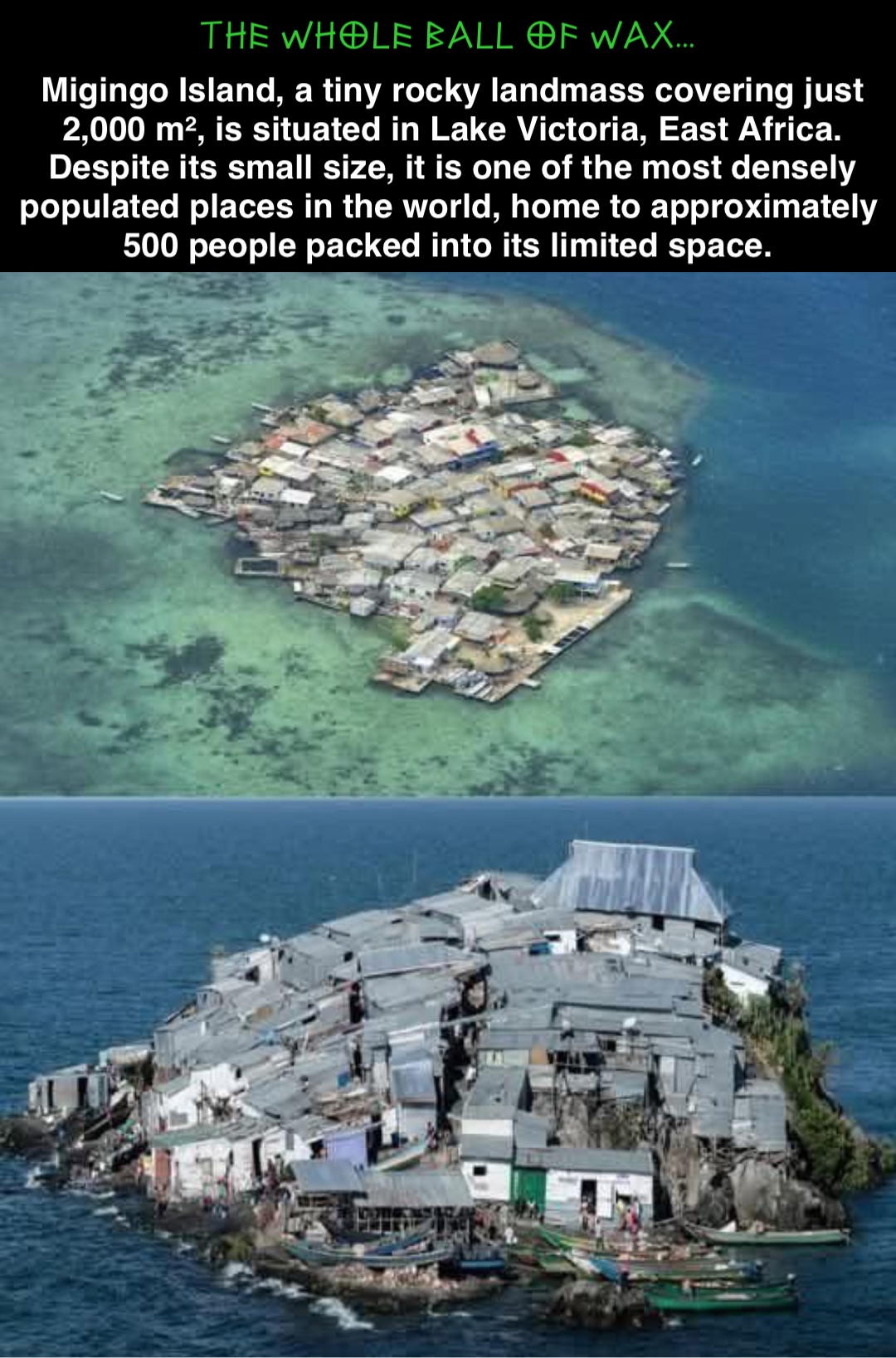 Double tap to edit Double tap to edit Migingo Island, a tiny rocky landmass covering just 2,000 m², is situated in Lake Victoria, East Africa. Despite its small size, it is one of the most densely populated places in the world, home to approximately 500 people packed into its limited space.