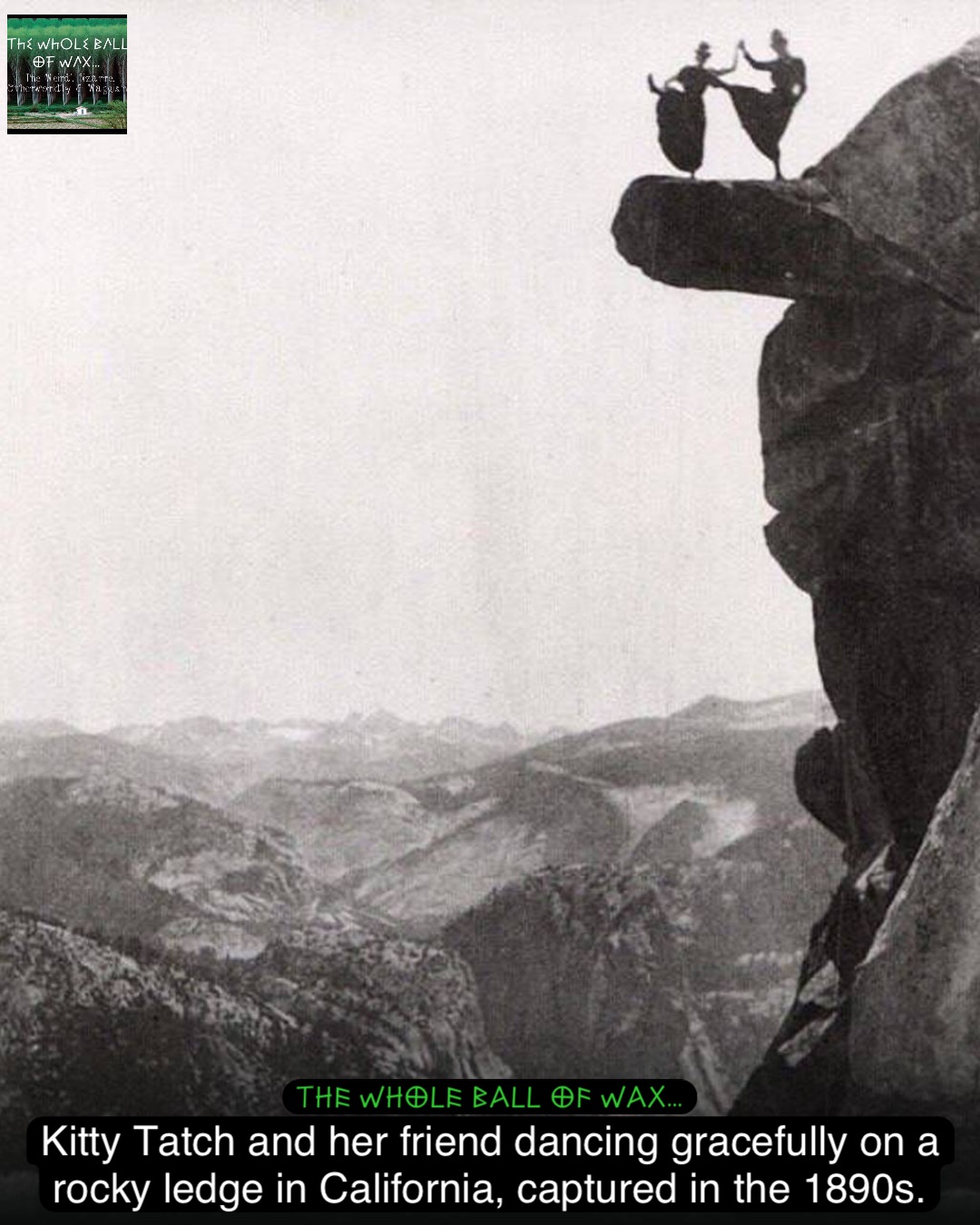 Kitty Tatch and her friend dancing gracefully on a rocky ledge in California, captured in the 1890s.