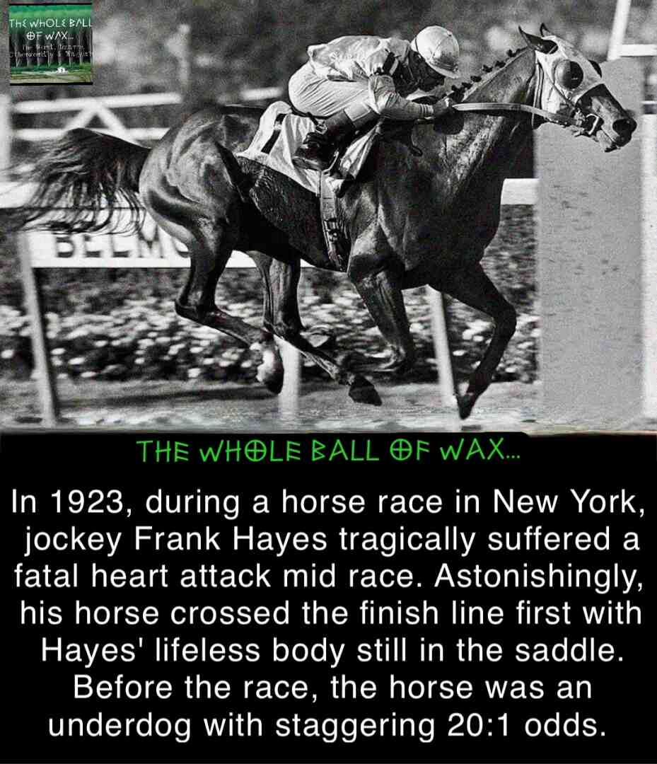 In 1923, during a horse race in New York, jockey Frank Hayes tragically suffered a fatal heart attack mid race.
Astonishingly, his horse crossed the finish line first with Hayes\u2019 lifeless body still in the saddle.
Before the race, the horse was an underdog with staggering 20:1 odds.
#HistoryUnfolded #FrankHayes #HorseRacingHistory #UnderdogVictory #TrueStory #HistoricMoments #SportsHistory #AgainstAllOdds