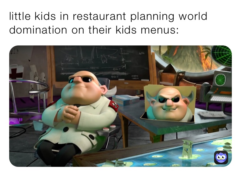 little kids in restaurant planning world domination on their kids menus: