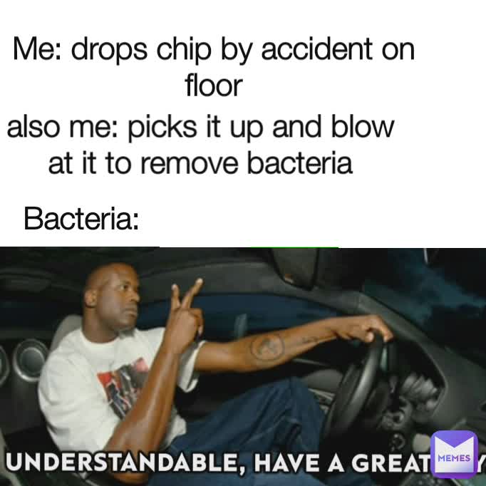 Bacteria: also me: picks it up and blow at it to remove bacteria Me: drops chip by accident on floor