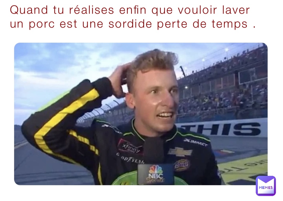 Quand tu réalises enfin que vouloir laver un porc est une sordide perte de temps .