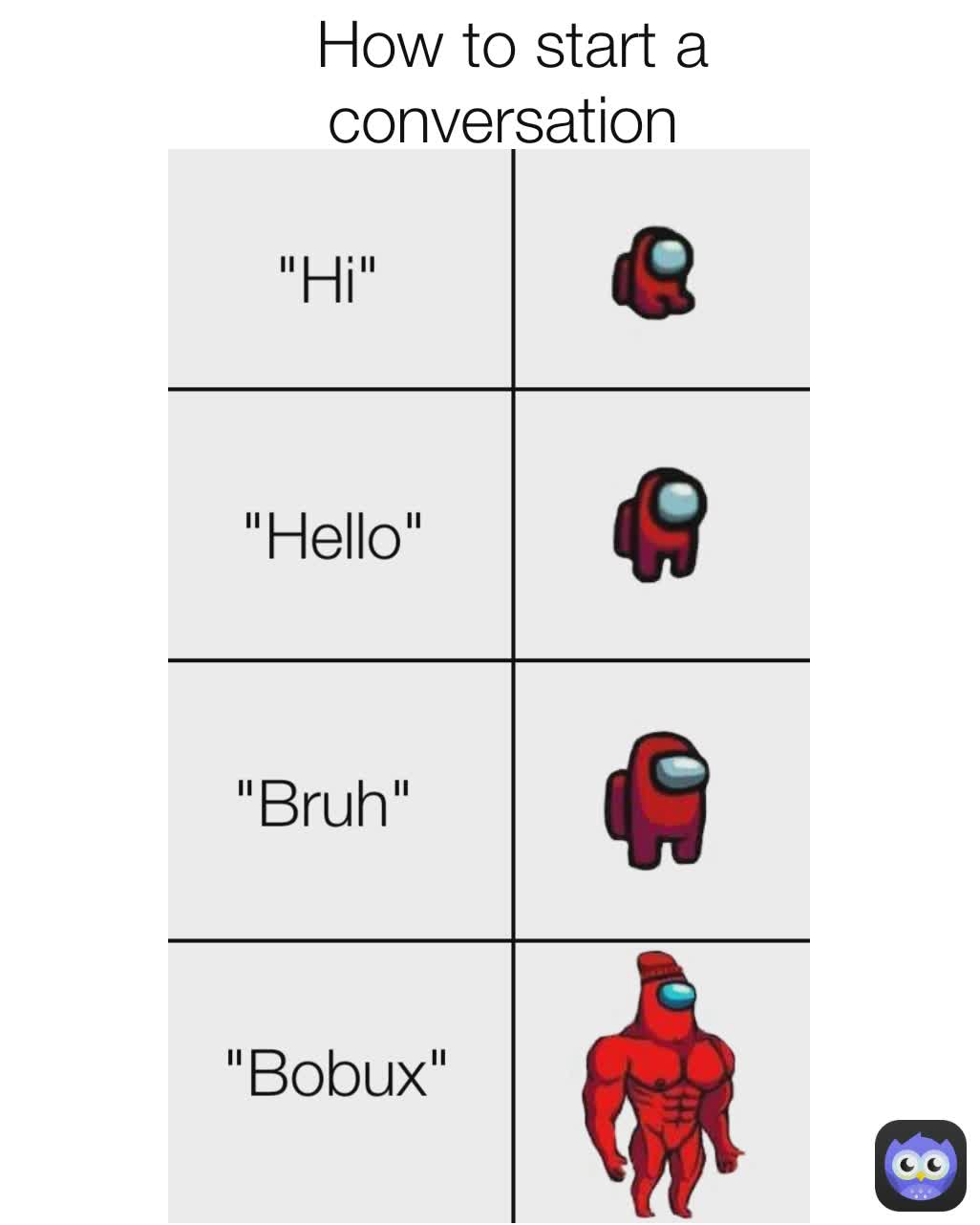 "Bobux" "Bruh" How to start a conversation 
 "Hello" "Hi"