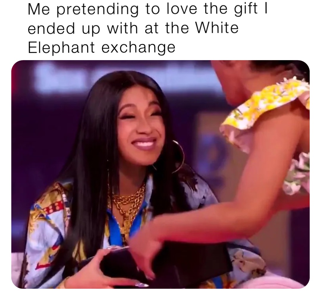 Me pretending to love the gift I ended up with at the White Elephant exchange