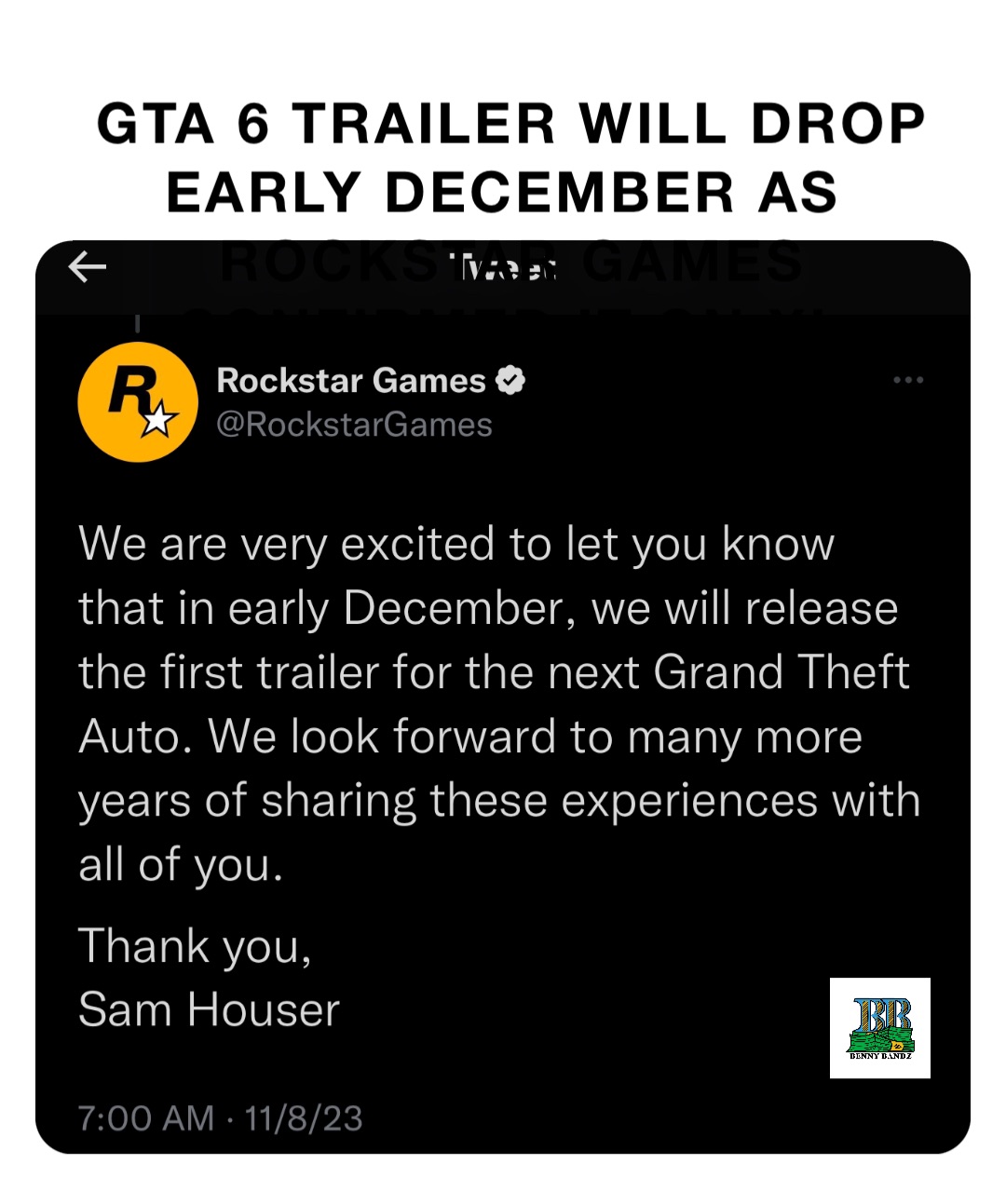 GTA 6 trailer will drop early December as
Rockstar Games confirmed it on XI