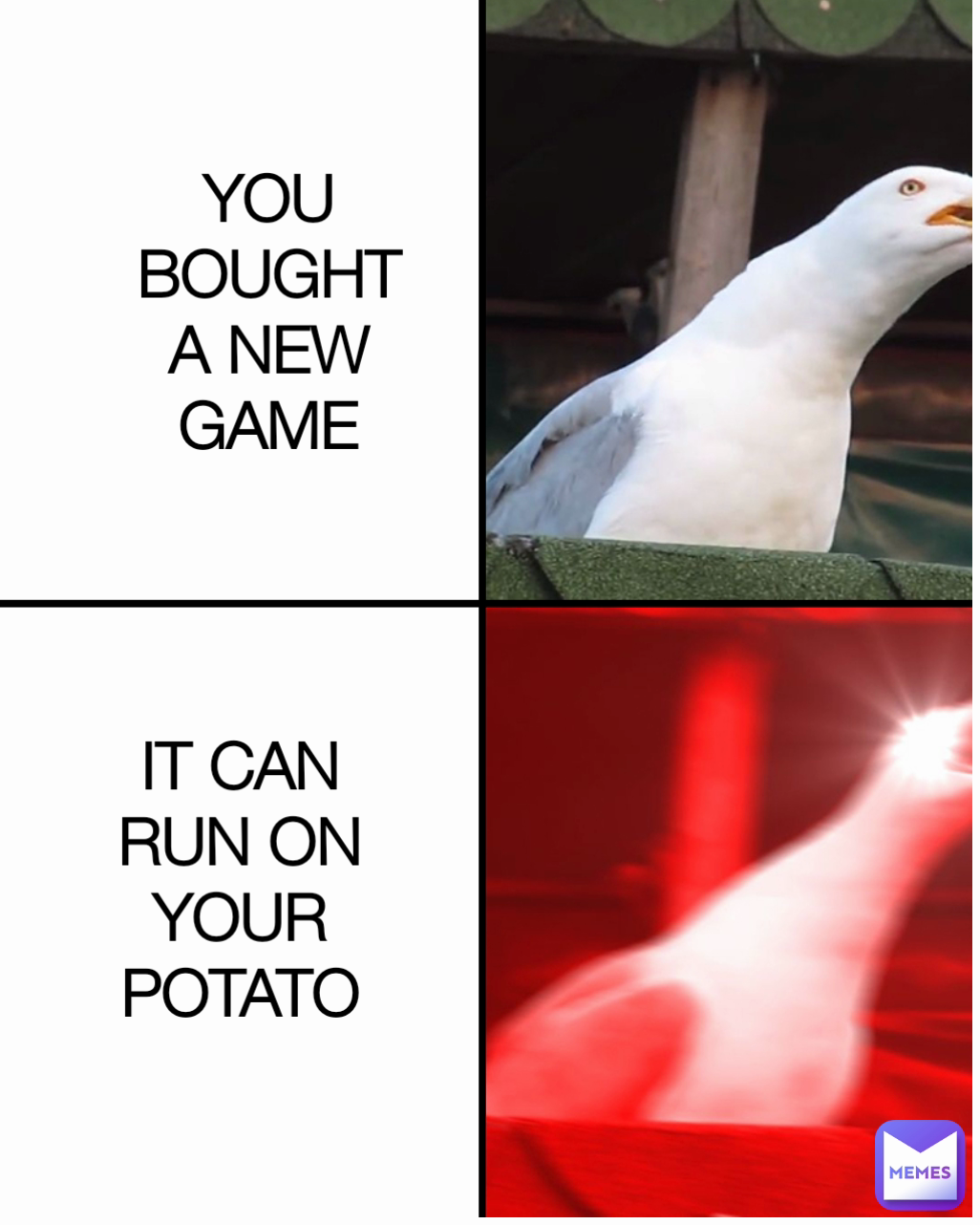 IT CAN RUN ON YOUR POTATO Type Text YOU BOUGHT A NEW GAME
