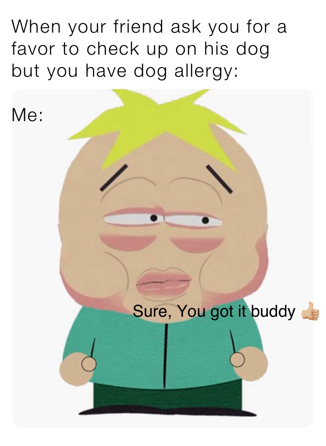 When your friend ask you for a favor to check up on his dog but you have dog allergy: 

Me: Sure, You got it buddy 👍🏼