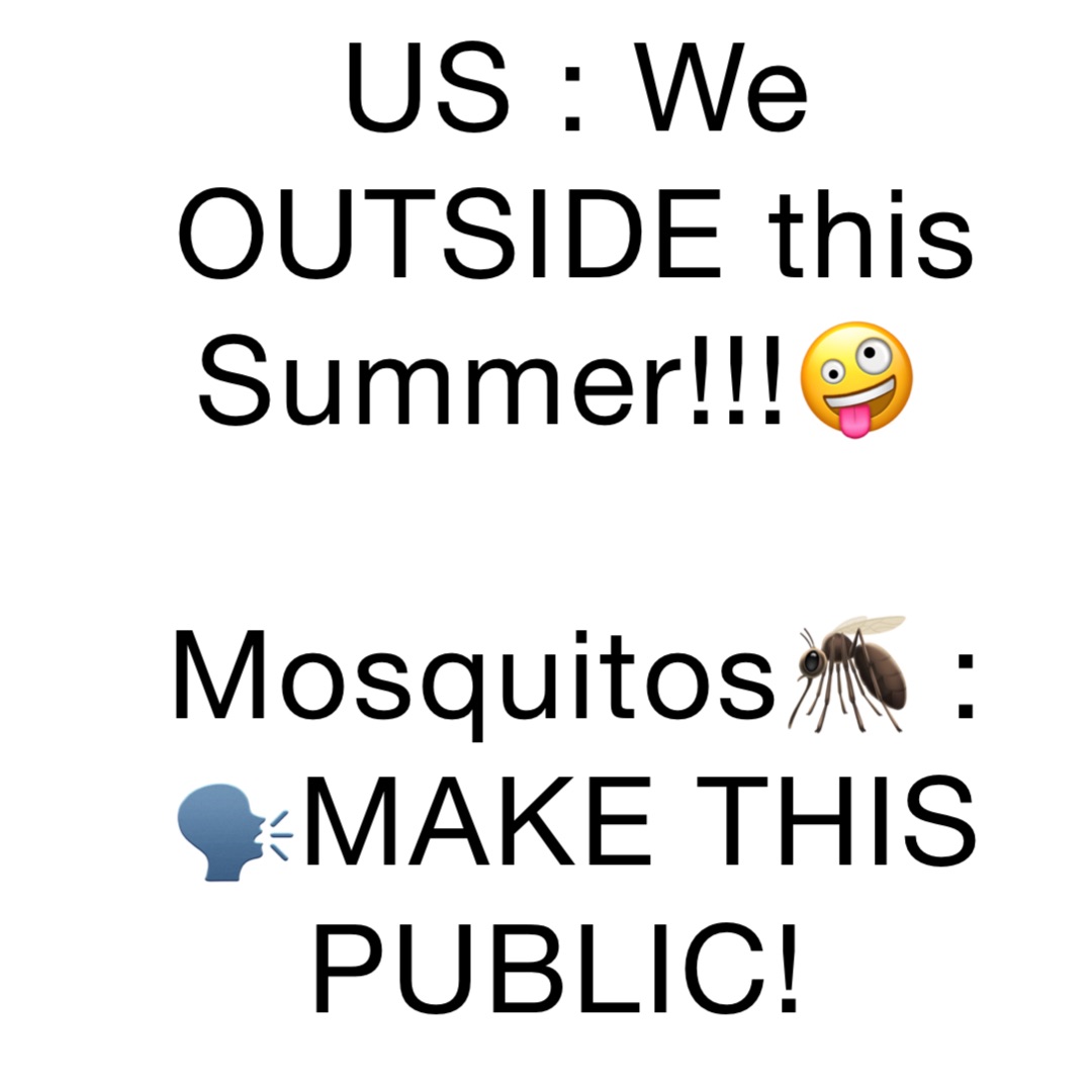 US : We OUTSIDE this Summer!!!🤪

Mosquitos🦟 : 🗣️MAKE THIS PUBLIC!