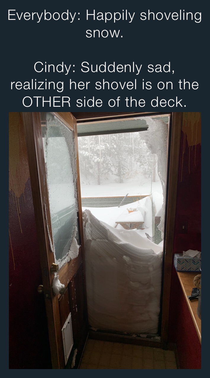 Everybody: Happily shoveling snow.

Cindy: Suddenly sad, realizing her shovel is on the OTHER side of the deck.