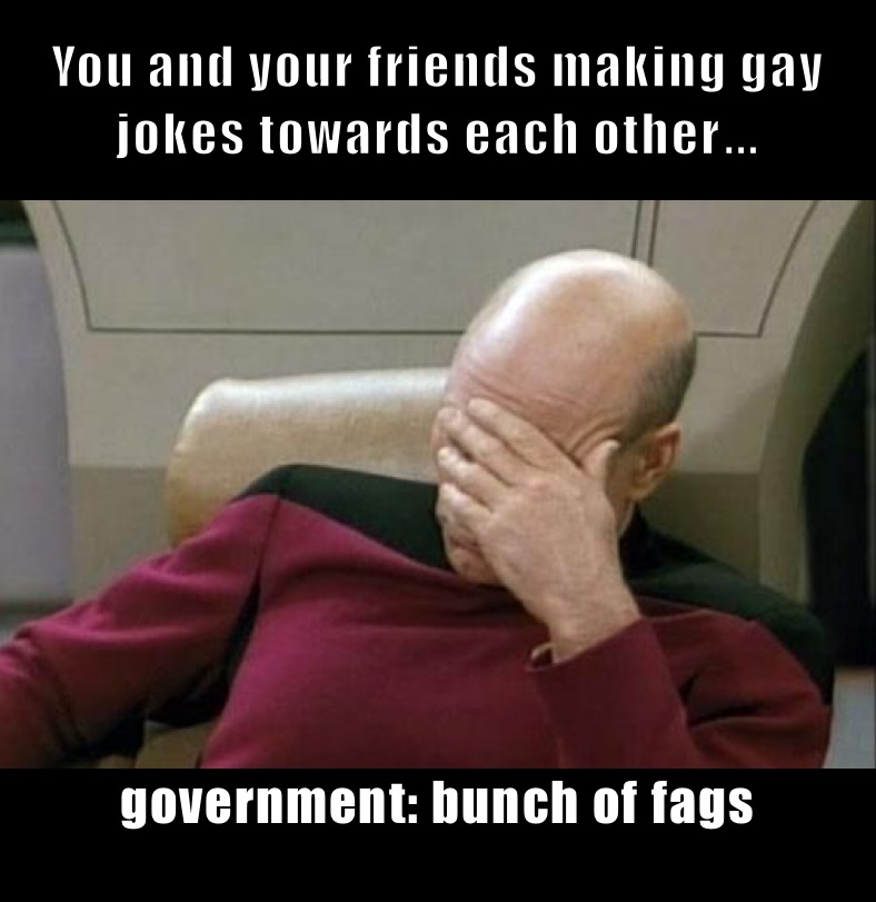 You and your friends making gay jokes towards each other￼... government: bunch of fags
