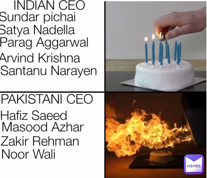 PAKISTANI CEO INDIAN CEO
 Sundar pichai Parag Aggarwal Arvind Krishna Zakir Rehman Noor Wali Hafiz Saeed Satya Nadella Santanu Narayen Masood Azhar