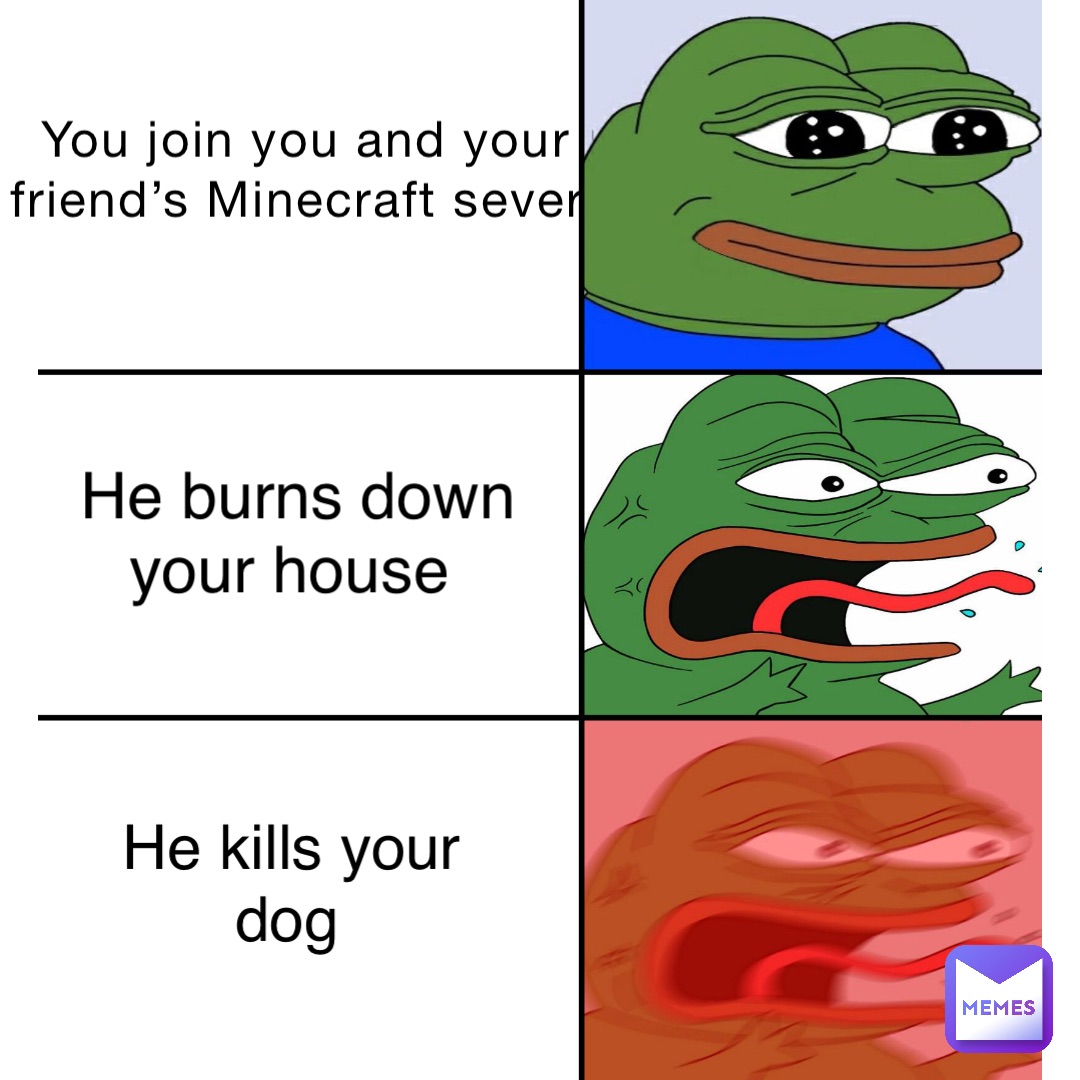 You join you and your friend’s Minecraft sever He burns down your house He kills your dog