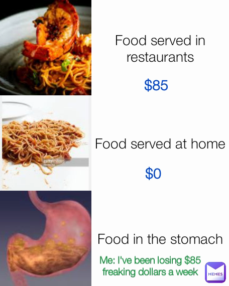 Food served at home Food served in restaurants $0 Me: I've been losing $85 freaking dollars a week $85 Food in the stomach