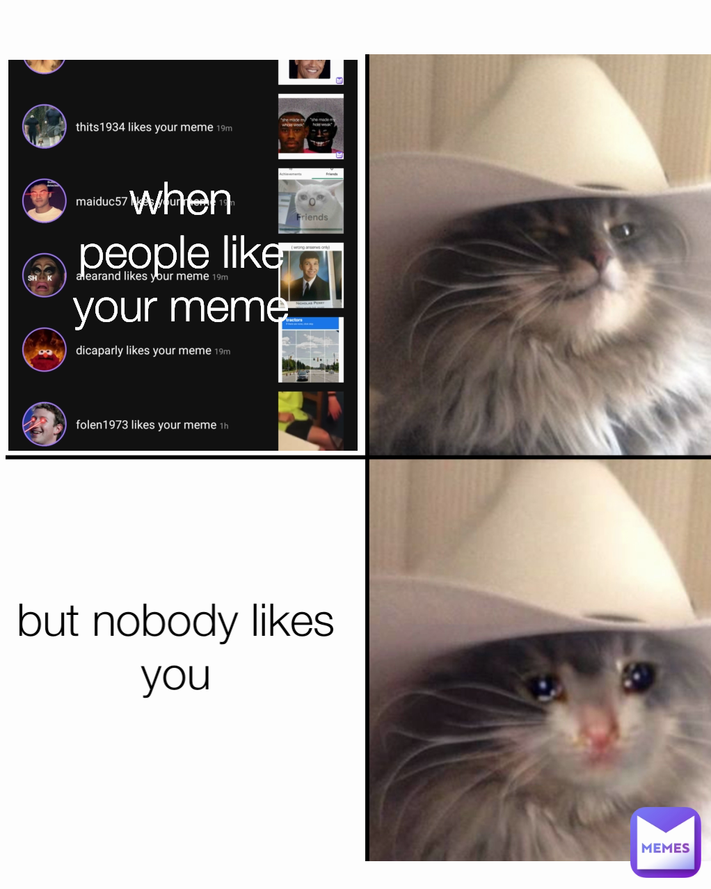 but nobody likes you Type Text when people like your meme