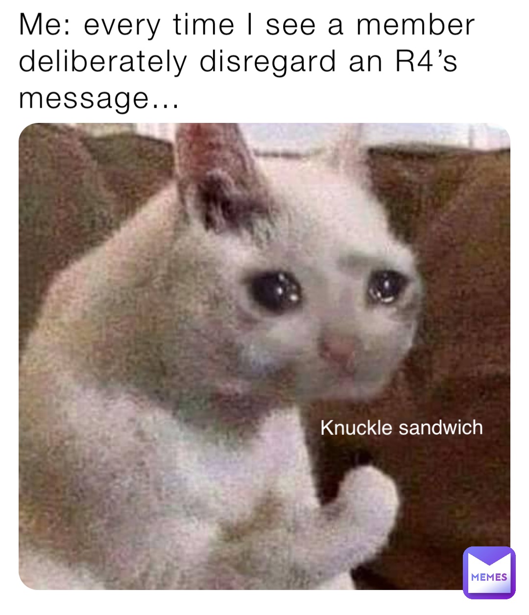 Me: every time I see a member deliberately disregard an R4’s message… Knuckle sandwich