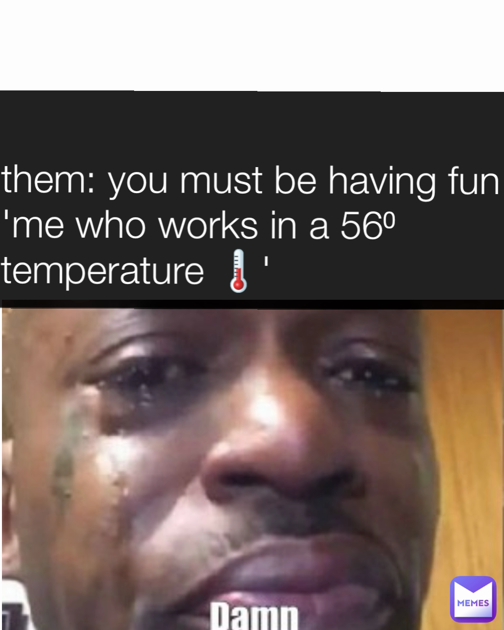 
them: you must be having fun
'me who works in a 56⁰ temperature 🌡'