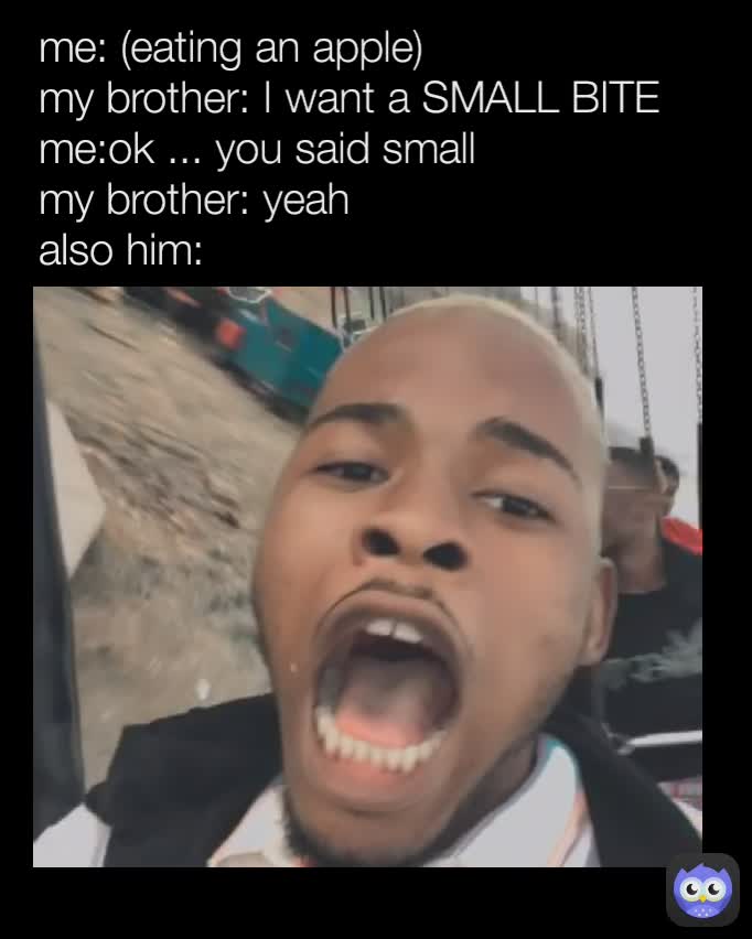 me: (eating an apple)
my brother: I want a SMALL BITE
me:ok ... you said small
my brother: yeah
also him: