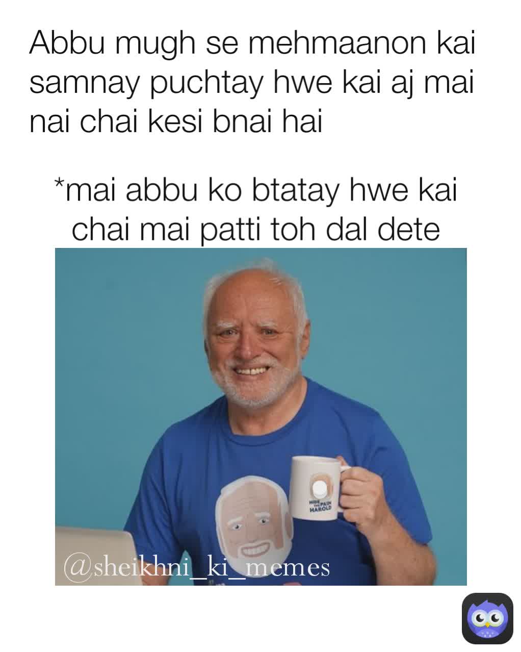 Abbu mugh se mehmaanon kai samnay puchtay hwe kai aj mai nai chai kesi bnai hai @sheikhni_ki_memes  *mai abbu ko btatay hwe kai chai mai patti toh dal dete