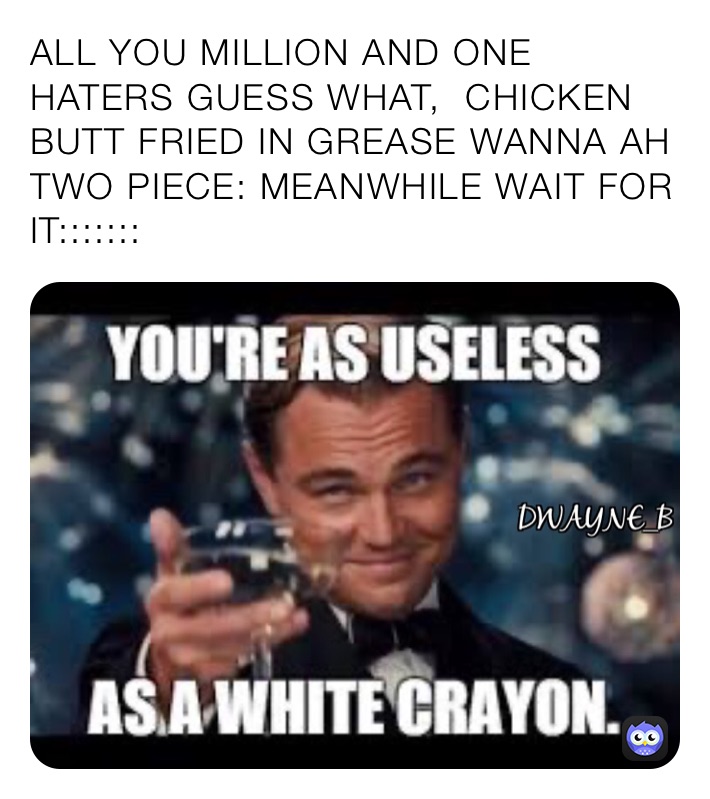 ALL YOU MILLION AND ONE HATERS GUESS WHAT,  CHICKEN BUTT FRIED IN GREASE WANNA AH TWO PIECE: MEANWHILE WAIT FOR IT:::::::