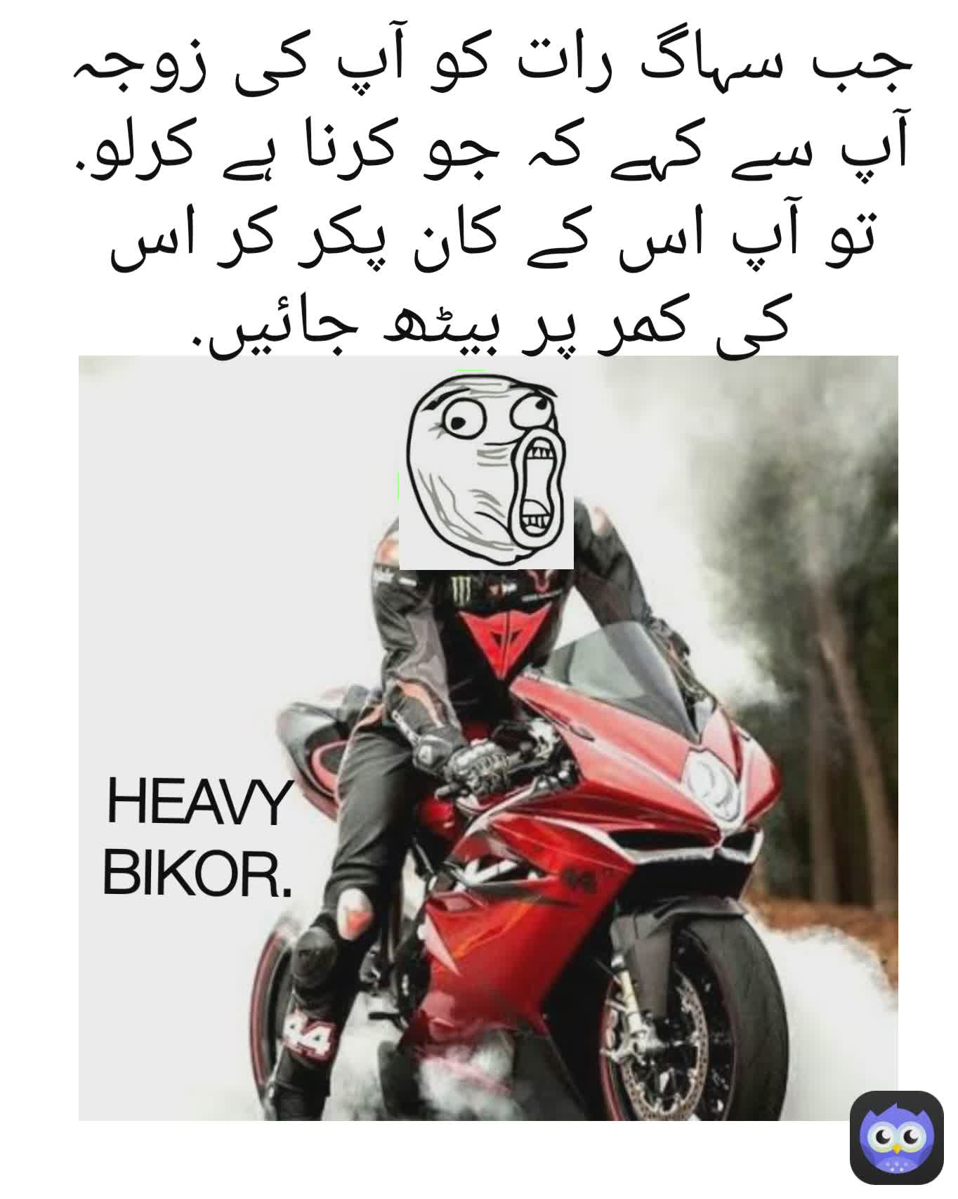 جب سہاگ رات کو آپ کی زوجہ آپ سے کہے کہ جو کرنا ہے کرلو. تو آپ اس کے کان پکر کر اس کی کمر پر بیٹھ جائیں. HEAVY BIKOR.