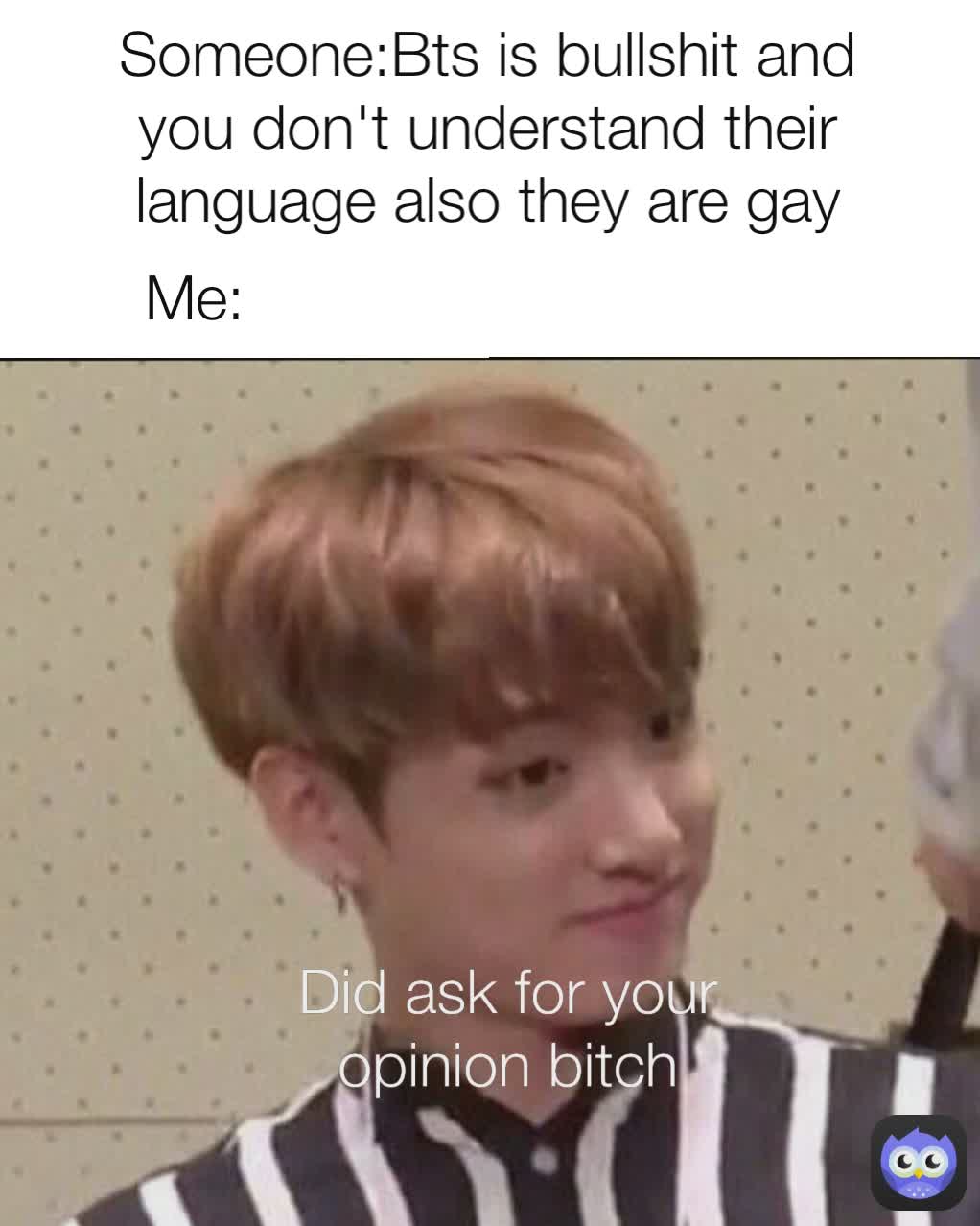 Did ask for your opinion bitch Someone:Bts is bullshit and you don't understand their language also they are gay Me: