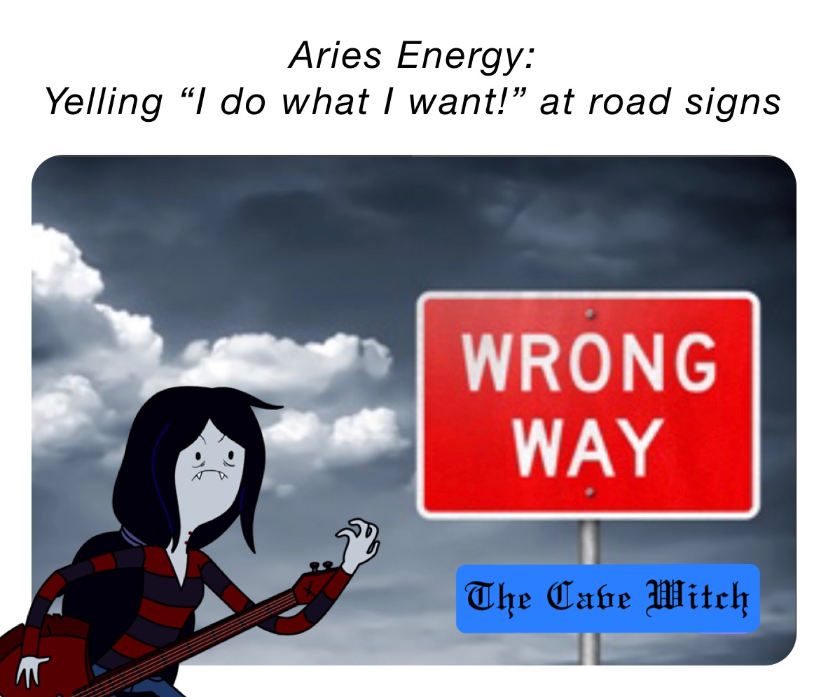 Aries Energy:
Yelling “I do what I want!” at road signs