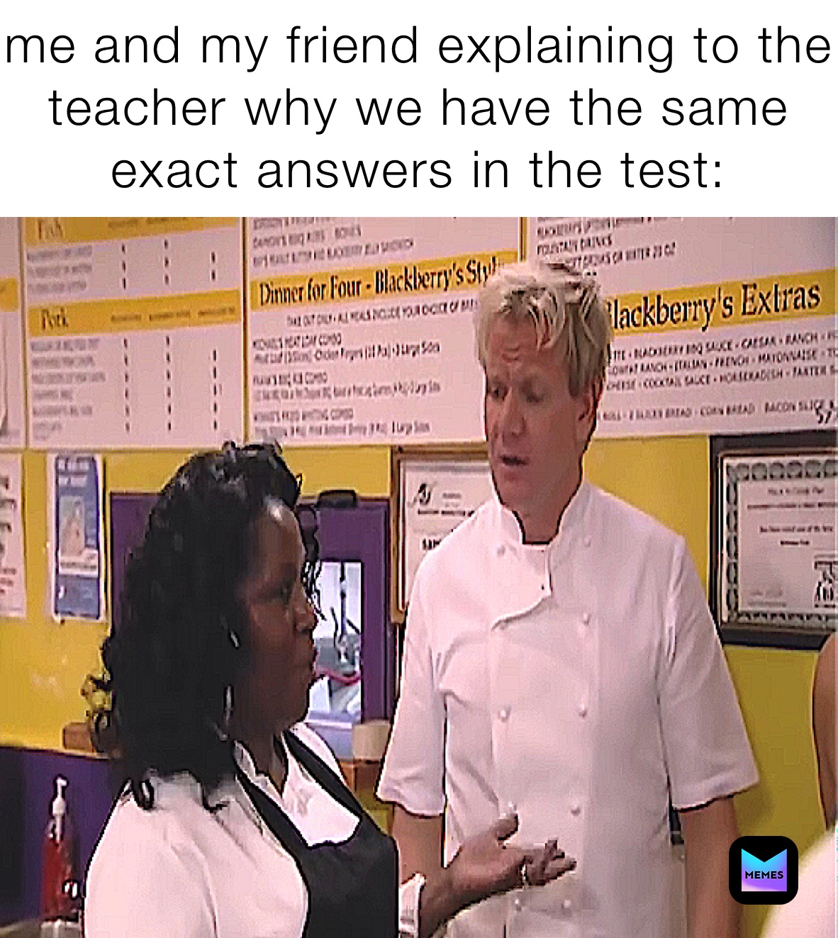 me and my friend explaining to the teacher why we have the same exact answers in the test: