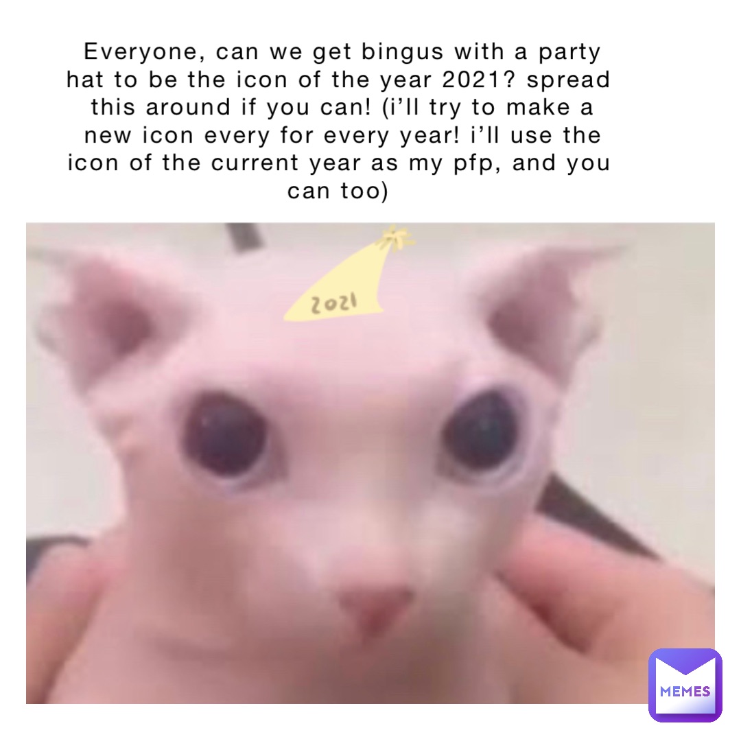 Everyone, can we get Bingus with a party hat to be the icon of the year 2021? Spread this around if you can! (I’ll try to make a new icon every for every year! I’ll use the icon of the current year as my pfp, and you can too)