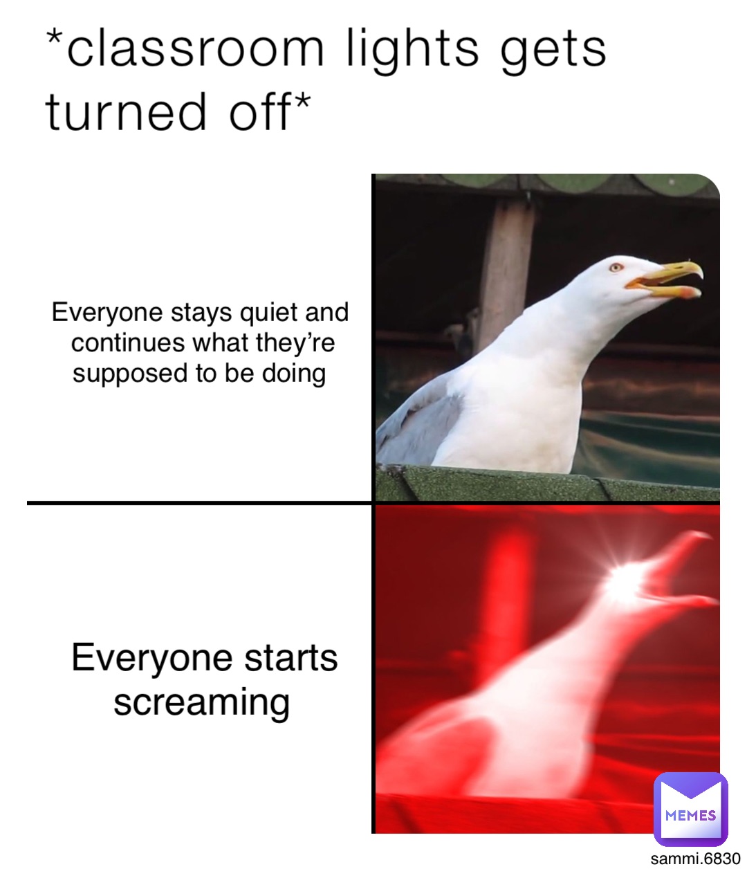 *classroom lights gets turned off* Everyone stays quiet and continues what they’re supposed to be doing Everyone starts screaming