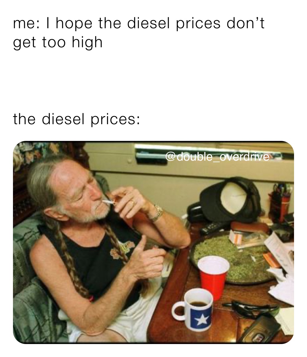 me: I hope the diesel prices don’t get too high



the diesel prices: 