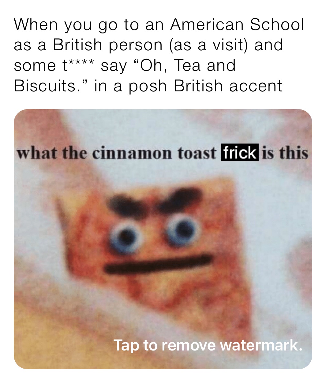 When you go to an American School as a British person (as a visit) and some t**** say “Oh, Tea and Biscuits.” in a posh British accent