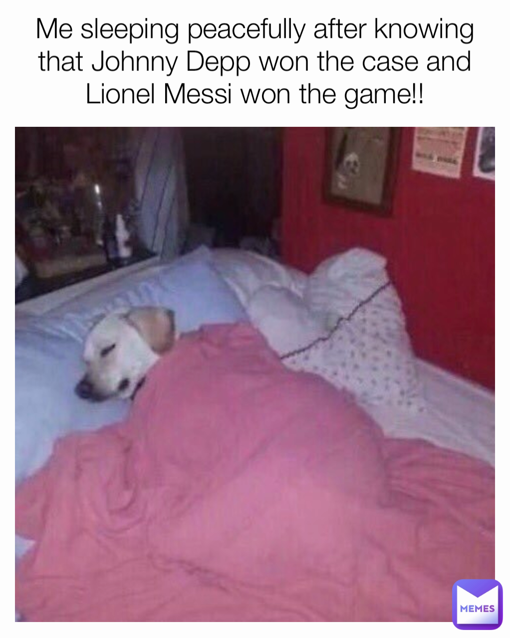 Me sleeping peacefully after knowing that Johnny Depp won the case and Lionel Messi won the game!!