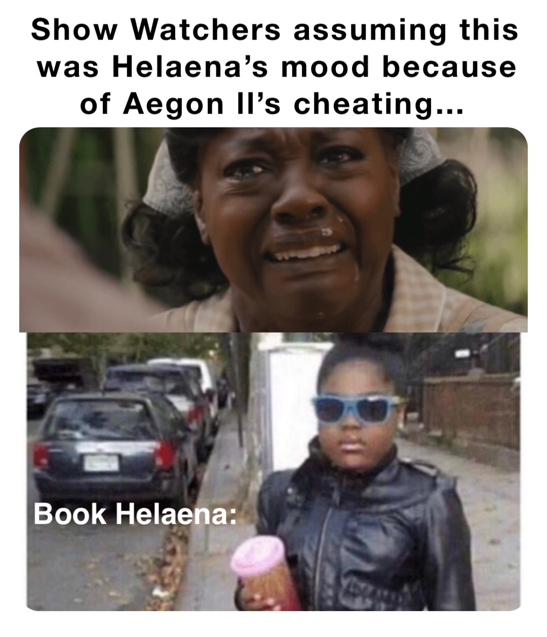 Show Watchers assuming this was Helaena’s mood because of Aegon ll’s cheating… Book Helaena:
