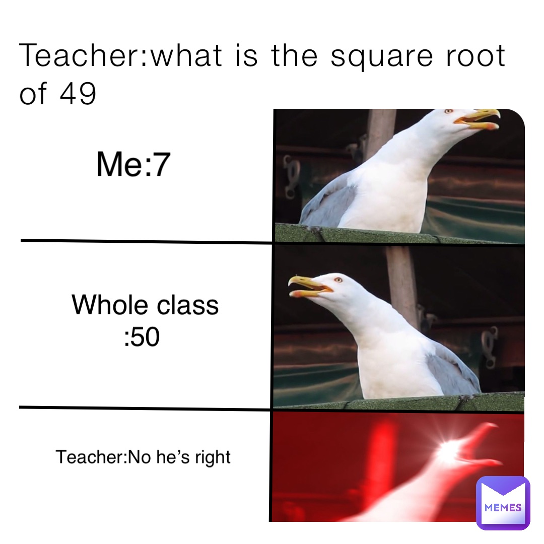 Teacher:what is the square root of 49 Me:7 Whole class :50 Teacher:No he’s right