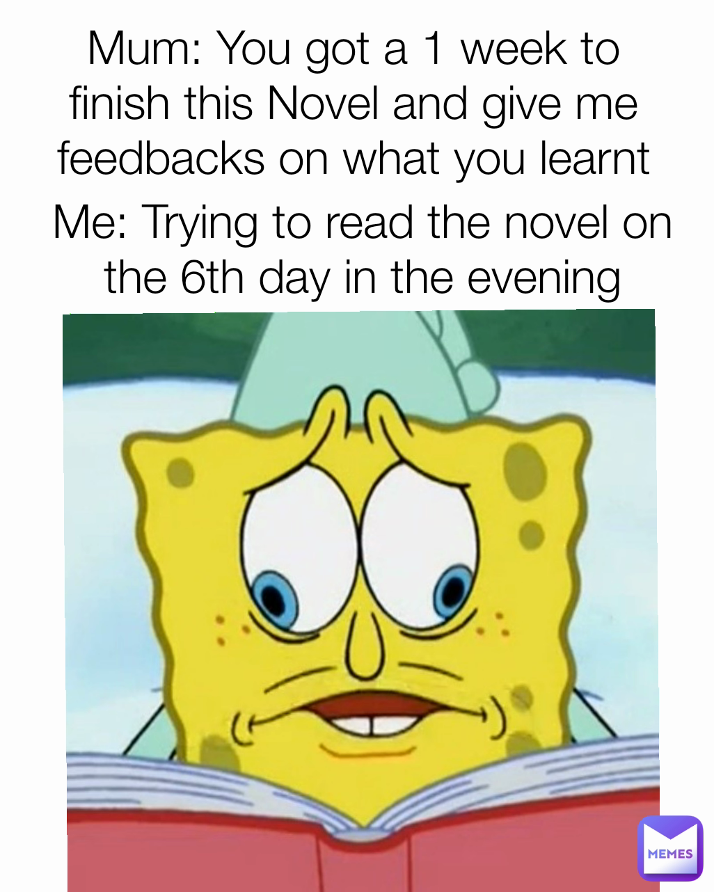 Mum: You got a 1 week to finish this Novel and give me feedbacks on what you learnt Me: Trying to read the novel on the 6th day in the evening