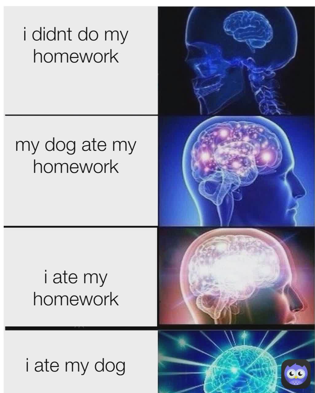 i didnt do my homework



my dog ate my homework




i ate my homework


i ate my dog