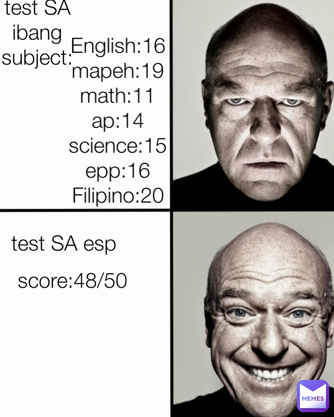 English:16
mapeh:19
math:11
ap:14
science:15
epp:16
Filipino:20 test SA esp test SA ibang subject: score:48/50