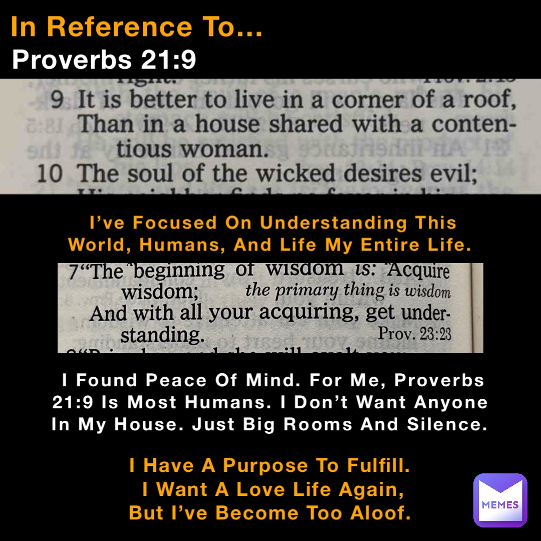 Proverbs 21:9 In Reference To… I’ve Focused On Understanding This World, Humans, And Life My Entire Life. I Found Peace Of Mind. For Me, Proverbs 21:9 Is Most Humans. I Don’t Want Anyone In My House. Just Big Rooms And Silence. I Have A Purpose To Fulfill.
I Want A Love Life Again, But I’ve Become Too Aloof.