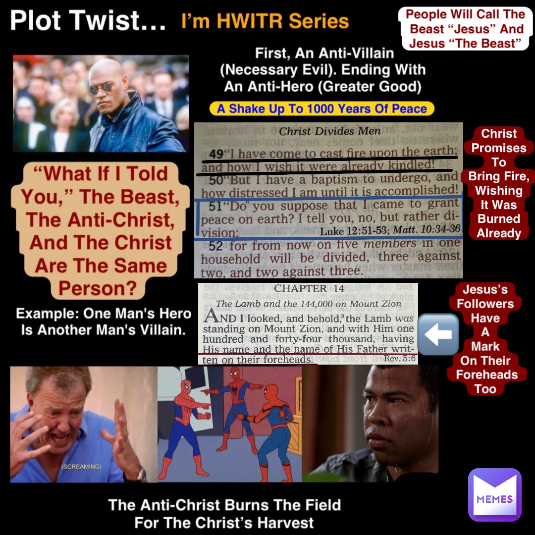 Christ
Promises
To
Bring Fire,
Wishing
It Was
Burned
Already Jesus’s
Followers
Have
A
Mark
On Their
Foreheads 
Too ⬅️ People Will Call The Beast “Jesus” And Jesus “The Beast”