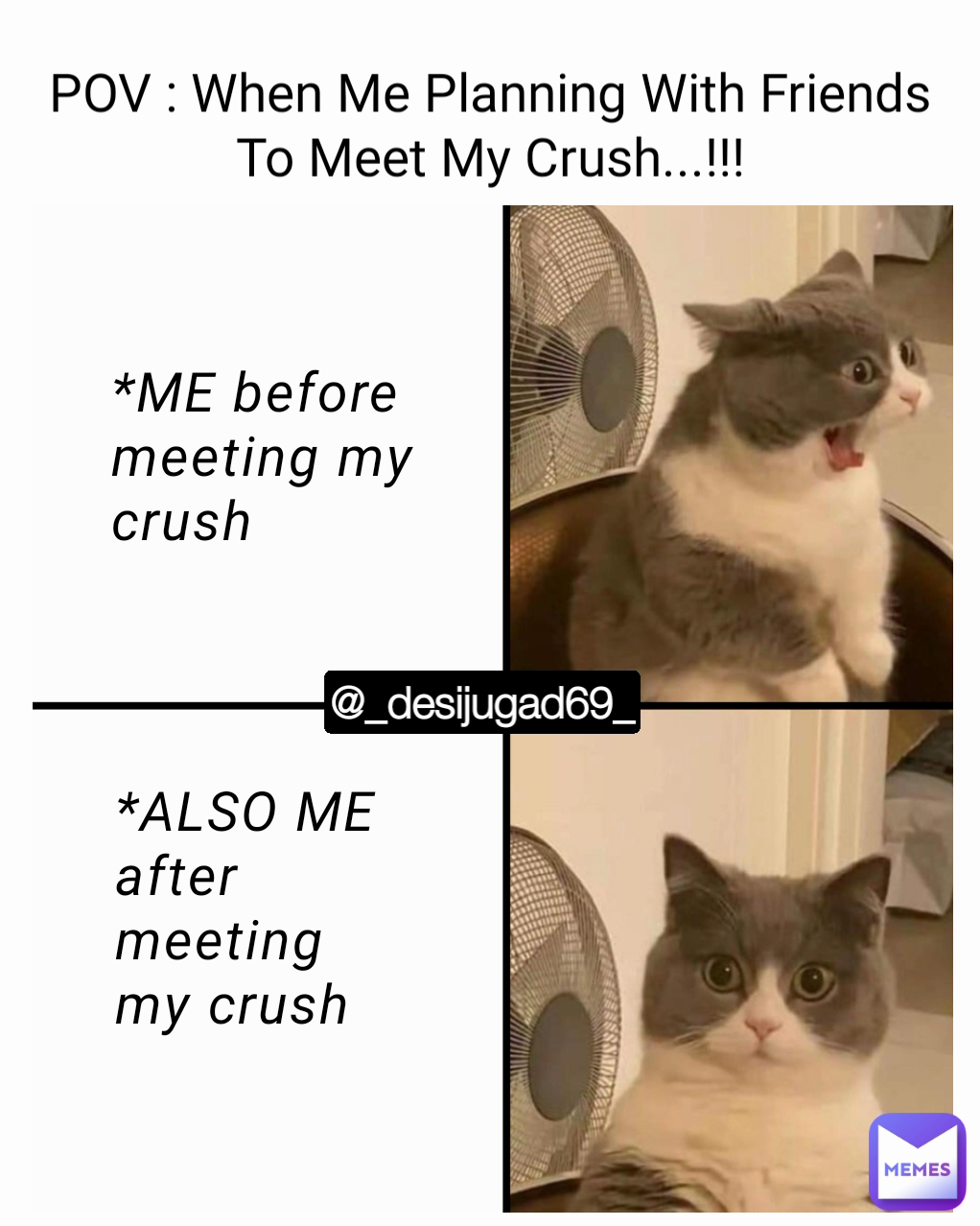 POV : When Me Planning With Friends To Meet My Crush...!!! *ALSO ME after
meeting
my crush @_desijugad69_ *ME before meeting my crush