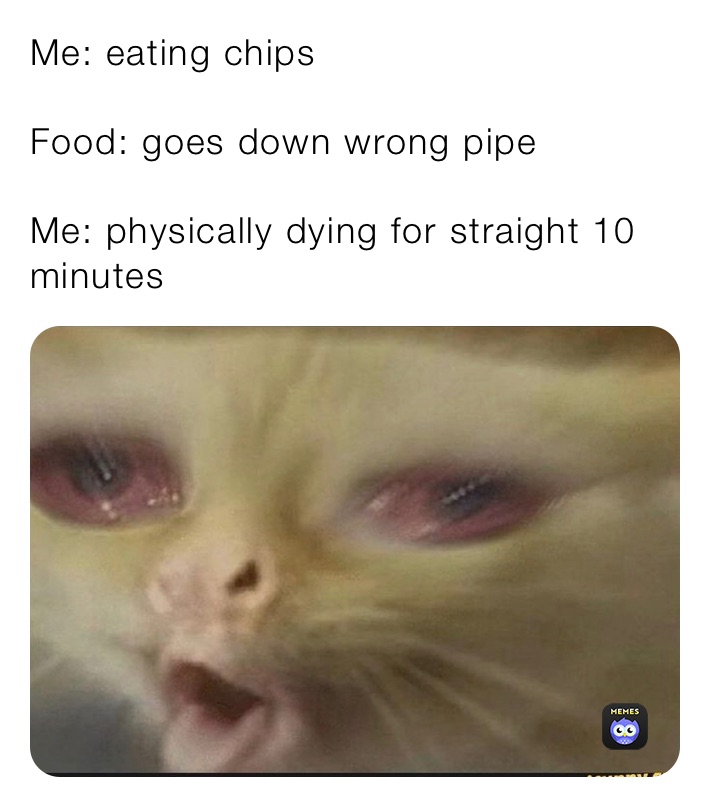 Me: eating chips 

Food: goes down wrong pipe

Me: physically dying for straight 10 minutes 