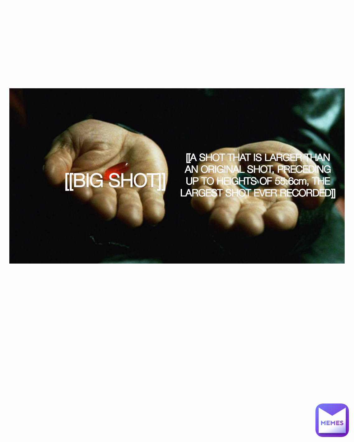 [[BIG SHOT]] [[A SHOT THAT IS LARGER THAN AN ORIGINAL SHOT, PRECEDING UP TO HEIGHTS OF 55.6cm, THE LARGEST SHOT EVER RECORDED]]