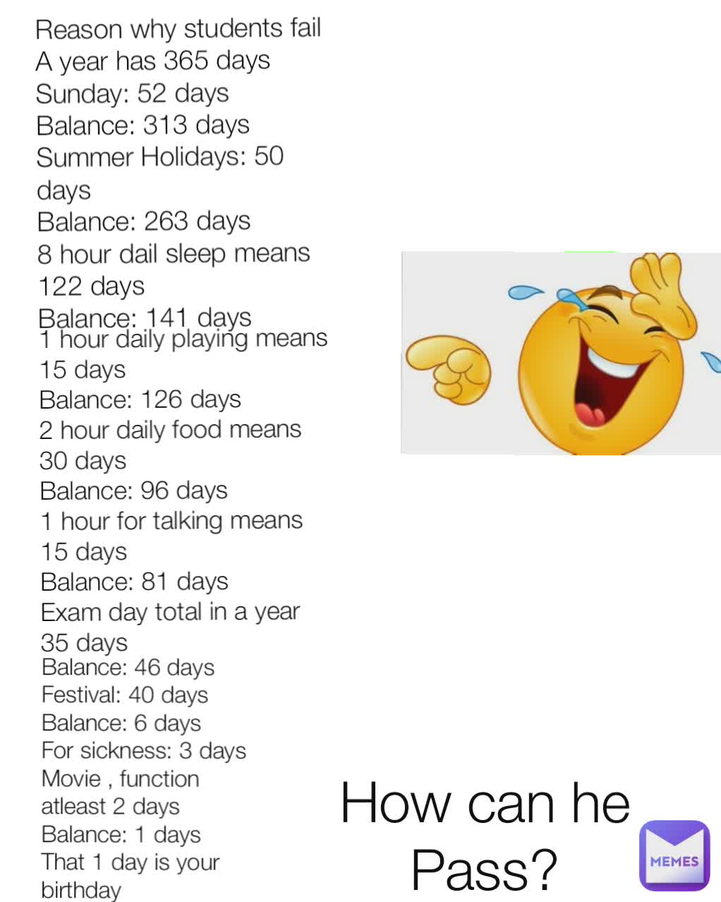 Reason why students fail
A year has 365 days 
Sunday: 52 days
Balance: 313 days
Summer Holidays: 50 days
Balance: 263 days
8 hour dail sleep means 122 days
Balance: 141 days 1 hour daily playing means 15 days 
Balance: 126 days
2 hour daily food means 30 days
Balance: 96 days
1 hour for talking means 15 days
Balance: 81 days
Exam day total in a year 35 days
 Balance: 46 days
Festival: 40 days
Balance: 6 days
For sickness: 3 days
Movie , function atleast 2 days
Balance: 1 days
That 1 day is your birthday  How can he Pass?
