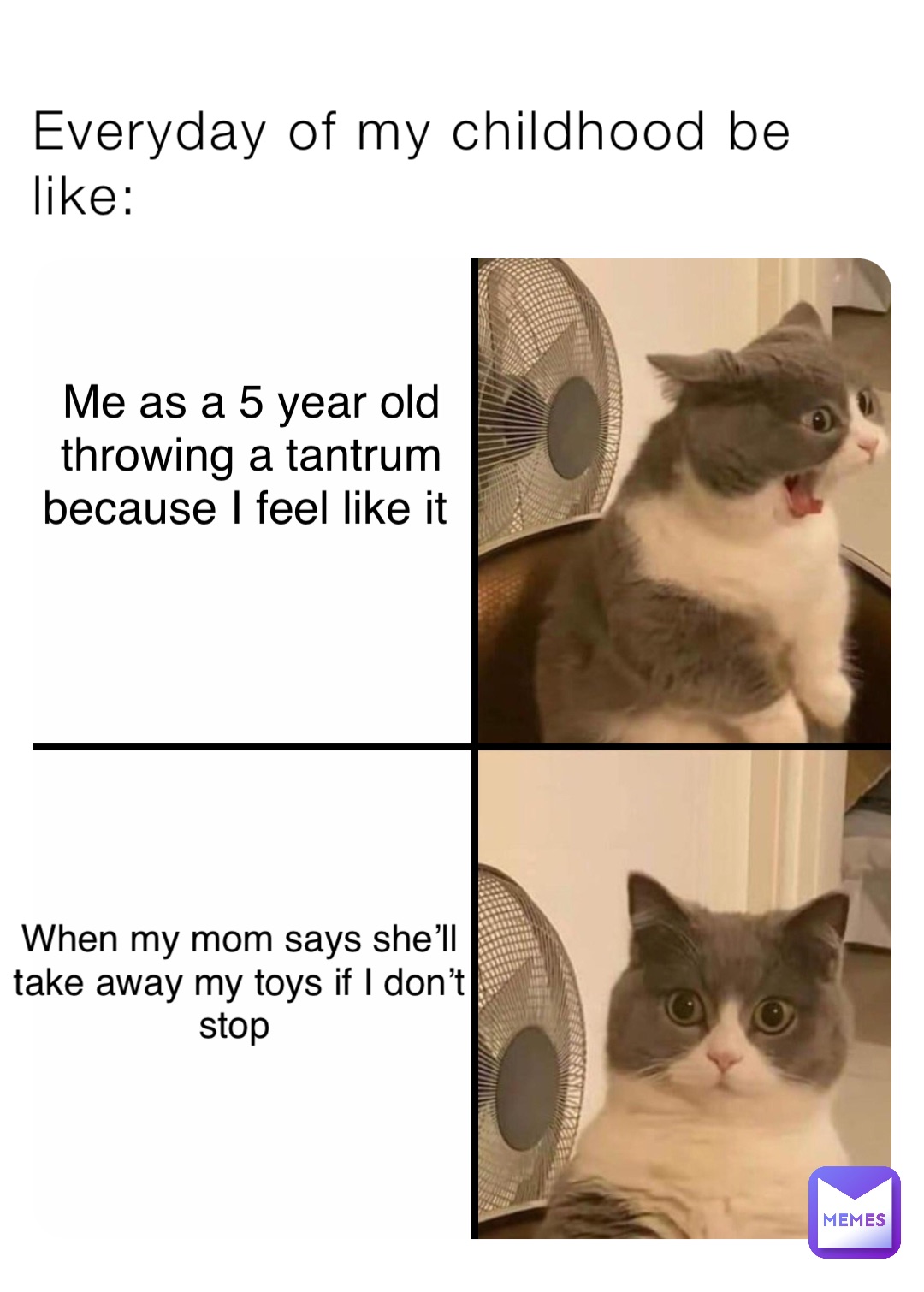 Everyday of my childhood be like: Me as a 5 year old throwing a tantrum because I feel like it When my mom says she’ll take away my toys if I don’t stop